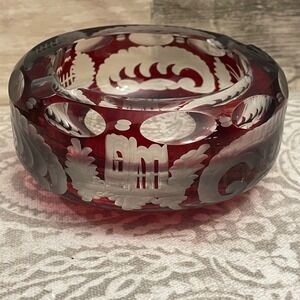 Vintage Bohemian Ruby Red Cut to Clear Glass Ashtray Etched Deer Bird Crystal